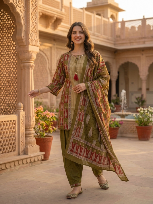 Moss Green Floral Ethnic Printed Embroidered Cotton Straight Kurta Set with Salwar and Dupatta