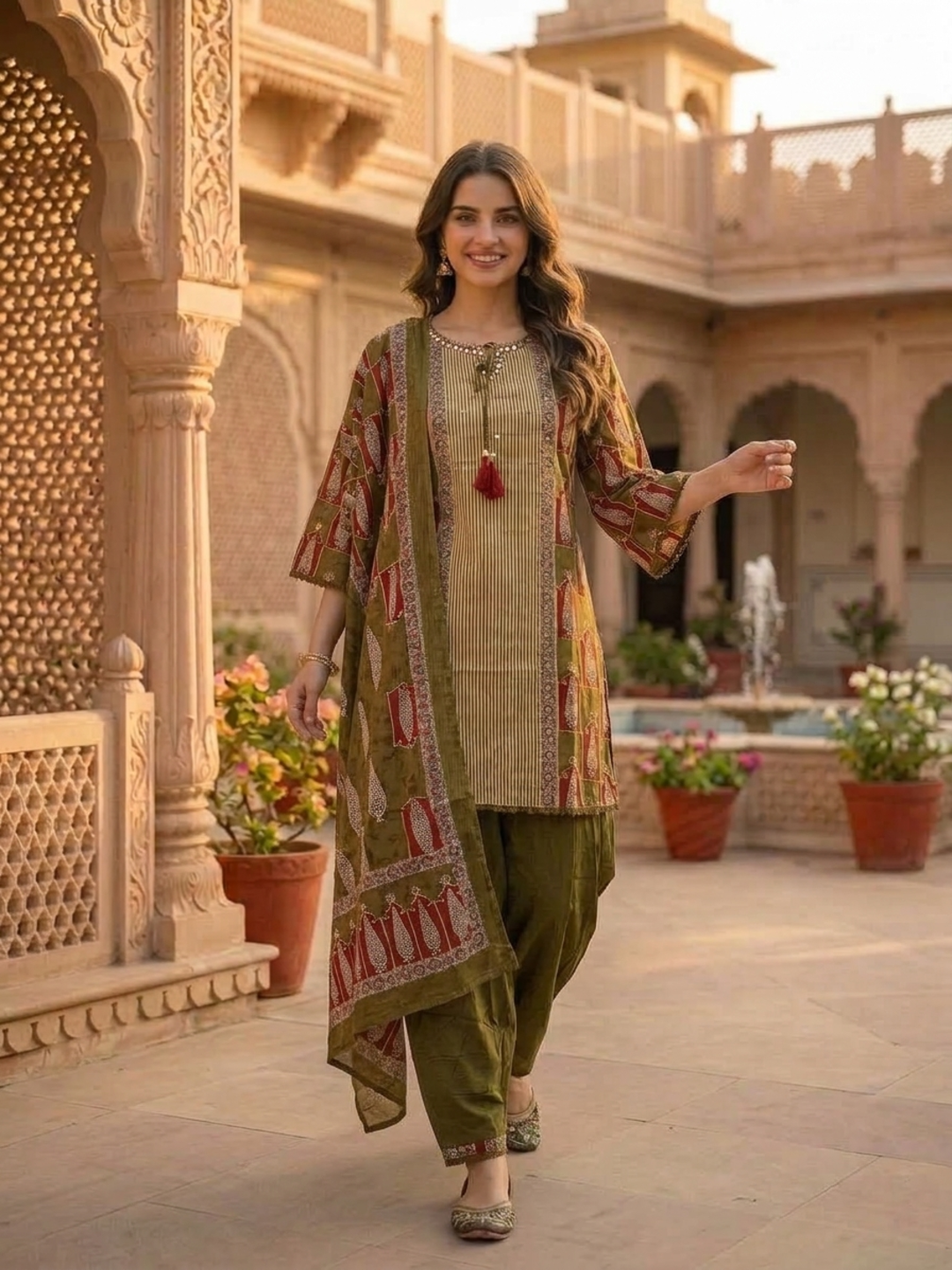 Moss Green Floral Ethnic Printed Embroidered Cotton Straight Kurta Set with Salwar and Dupatta