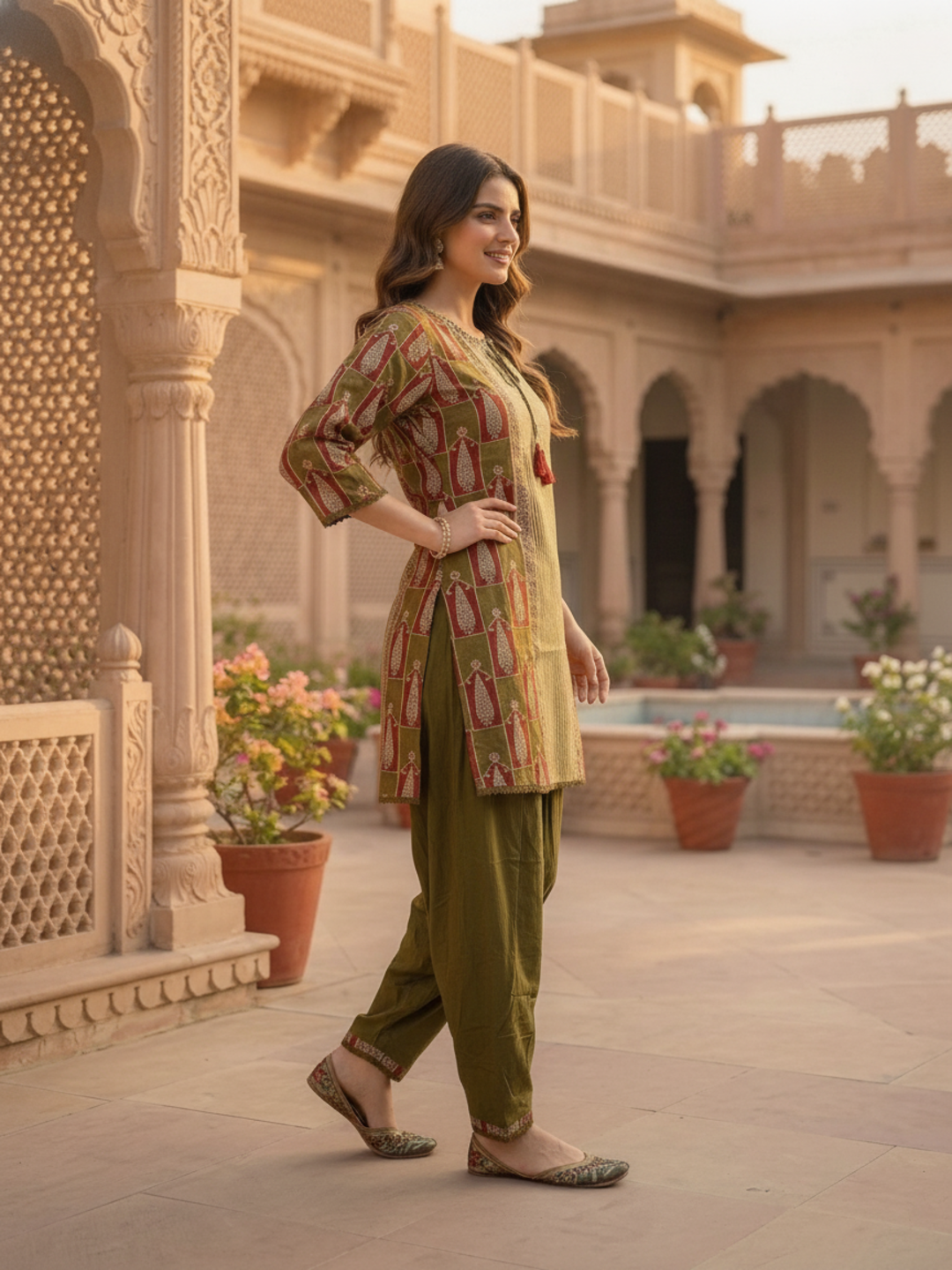 Moss Green Floral Ethnic Printed Embroidered Cotton Straight Kurta Set with Salwar and Dupatta