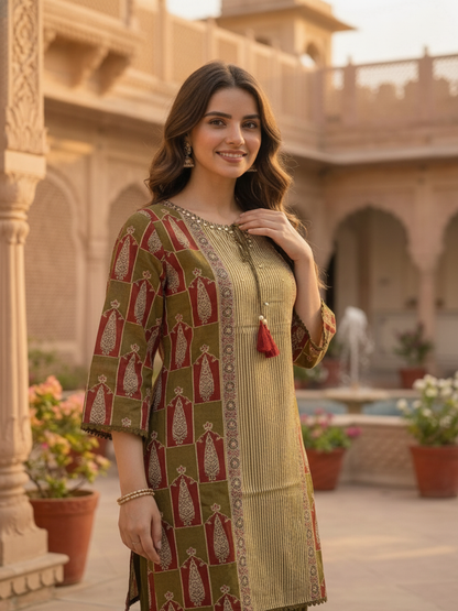Moss Green Floral Ethnic Printed Embroidered Cotton Straight Kurta Set with Salwar and Dupatta