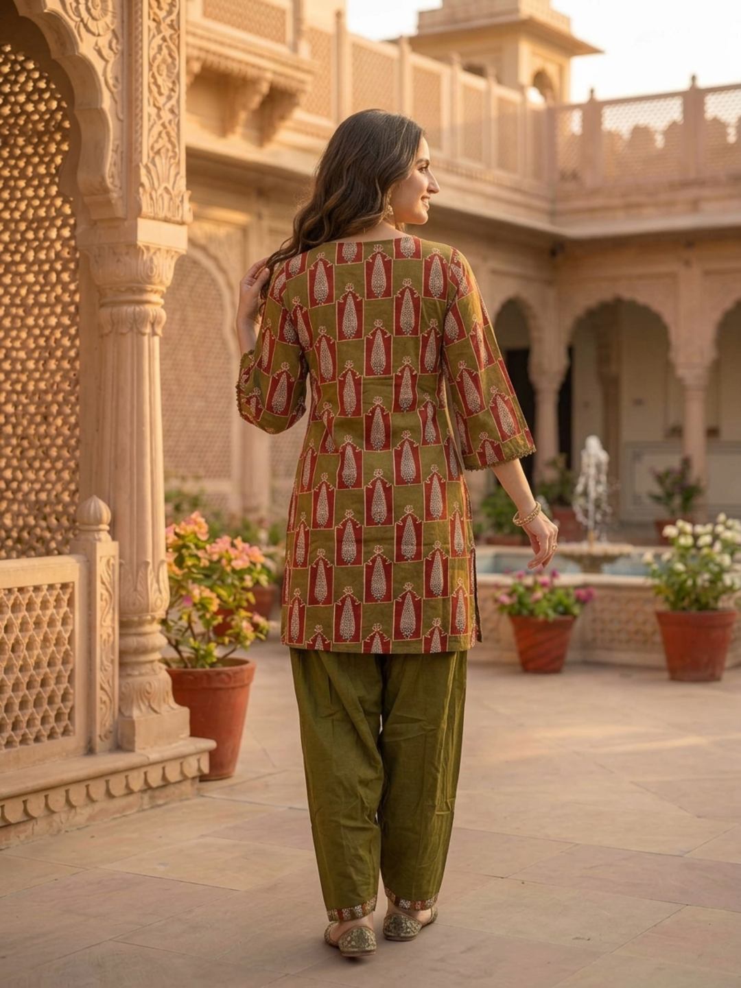 Moss Green Floral Ethnic Printed Embroidered Cotton Straight Kurta Set with Salwar and Dupatta