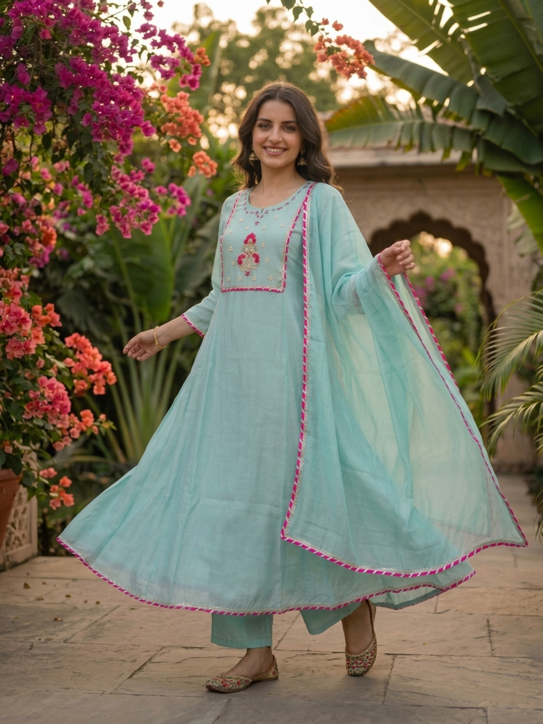 Sky Blue Solid Floral Hand-Embroidered Poly Chanderi A-Line Kurta Set with Pant and Dupatta