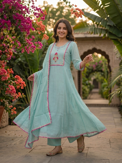 Sky Blue Solid Floral Hand-Embroidered Poly Chanderi A-Line Kurta Set with Pant and Dupatta
