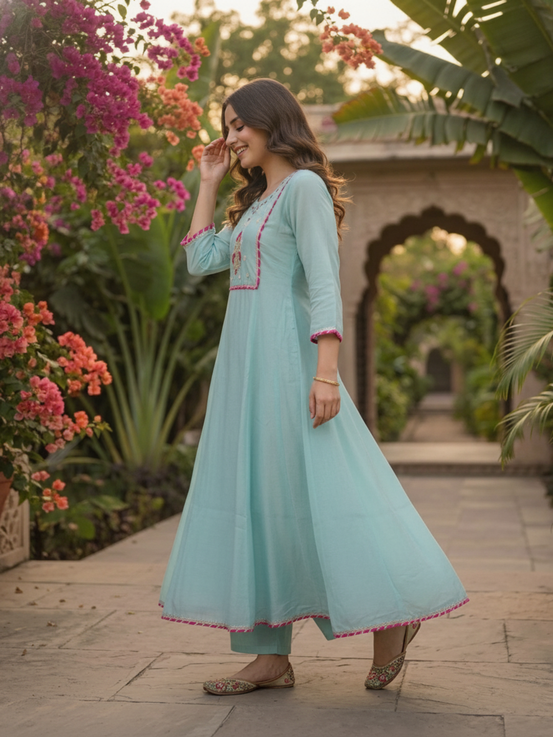 Sky Blue Solid Floral Hand-Embroidered Poly Chanderi A-Line Kurta Set with Pant and Dupatta