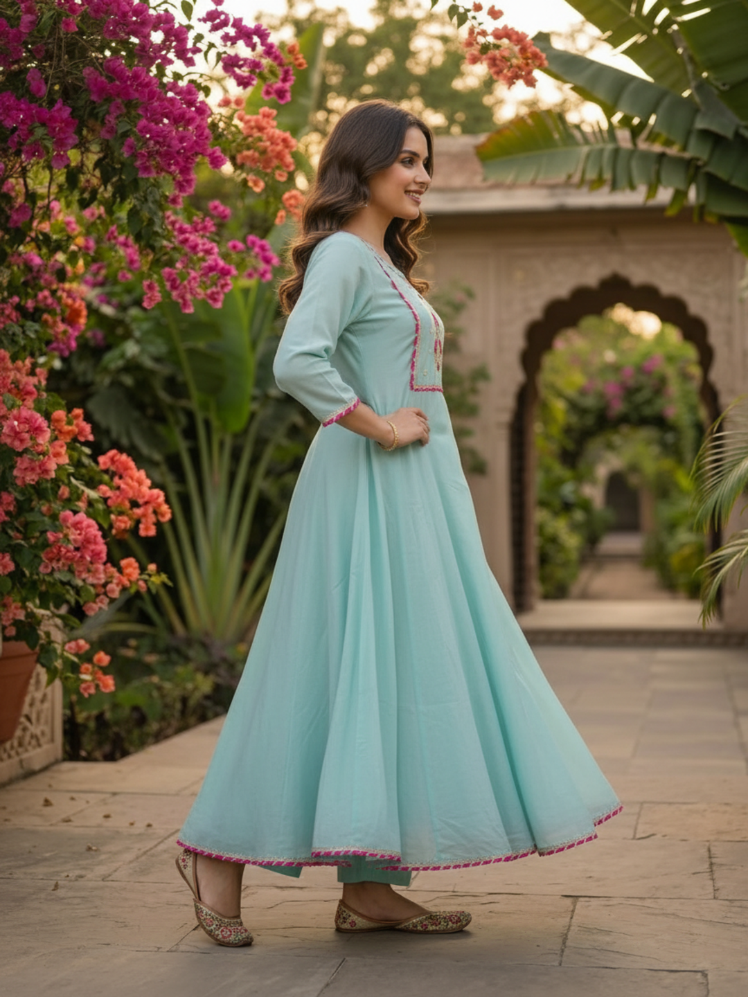 Sky Blue Solid Floral Hand-Embroidered Poly Chanderi A-Line Kurta Set with Pant and Dupatta