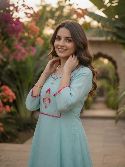 Sky Blue Solid Floral Hand-Embroidered Poly Chanderi A-Line Kurta Set with Pant and Dupatta