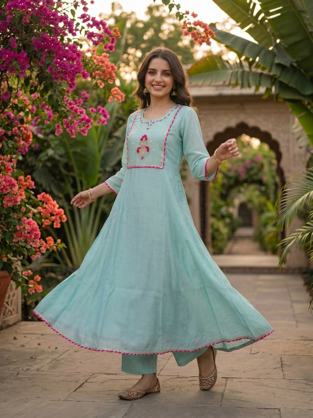 Sky Blue Solid Floral Hand-Embroidered Poly Chanderi A-Line Kurta Set with Pant and Dupatta