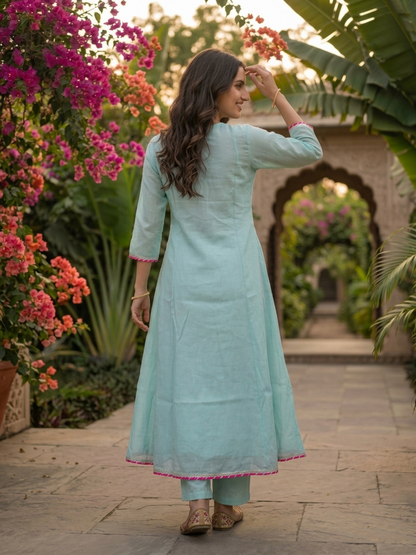 Sky Blue Solid Floral Hand-Embroidered Poly Chanderi A-Line Kurta Set with Pant and Dupatta