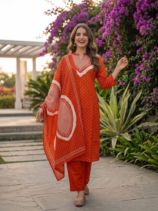 Back view of rust orange Bandhani print kurta