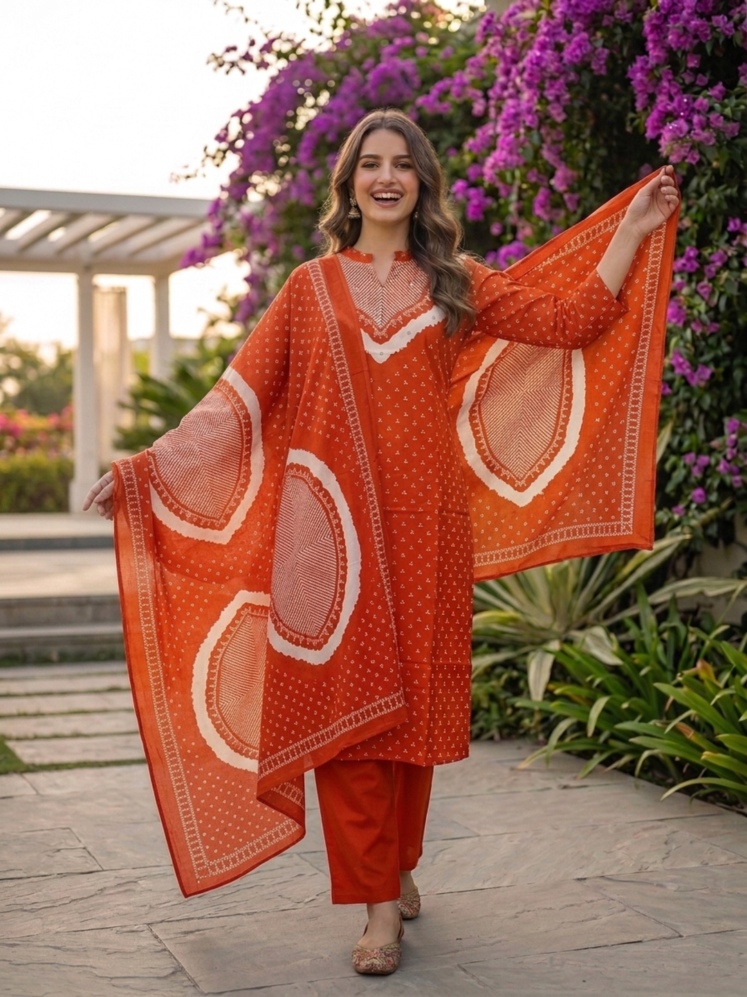 Rust orange pure cotton dupatta with printed pattern and border
