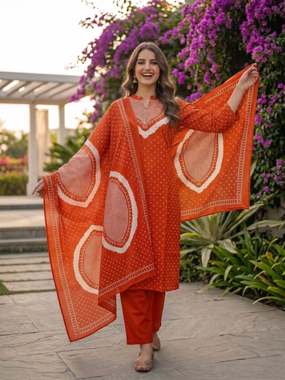 Rust orange pure cotton dupatta with printed pattern and border