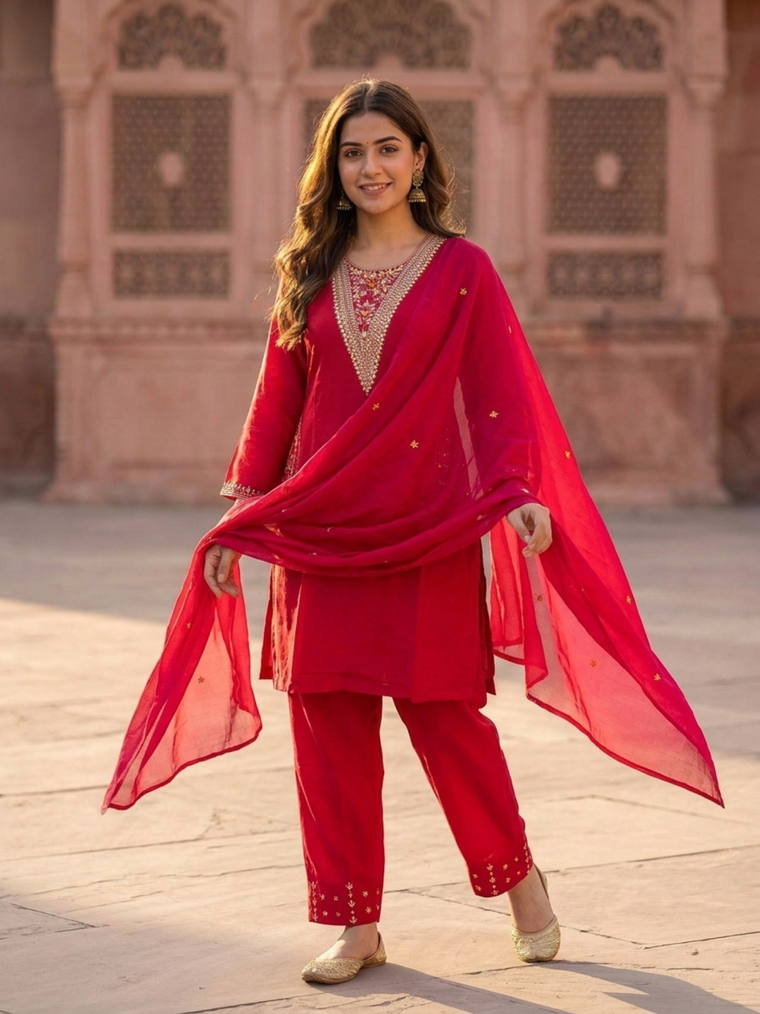 Rani Pink Solid Floral Hand-Embroidered Crepe Straight Kurta Set with Palazzo and Organza Dupatta