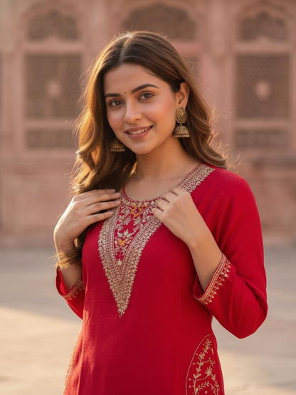 Rani Pink Solid Floral Hand-Embroidered Crepe Straight Kurta Set with Palazzo and Organza Dupatta