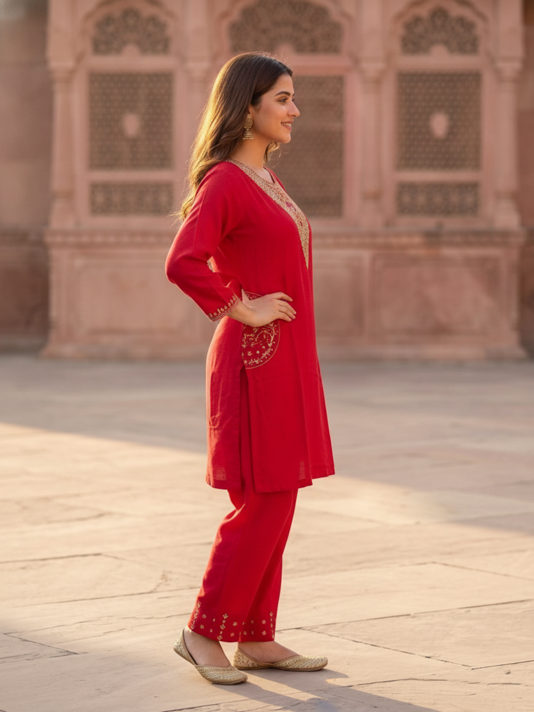 Rani Pink Solid Floral Hand-Embroidered Crepe Straight Kurta Set with Palazzo and Organza Dupatta