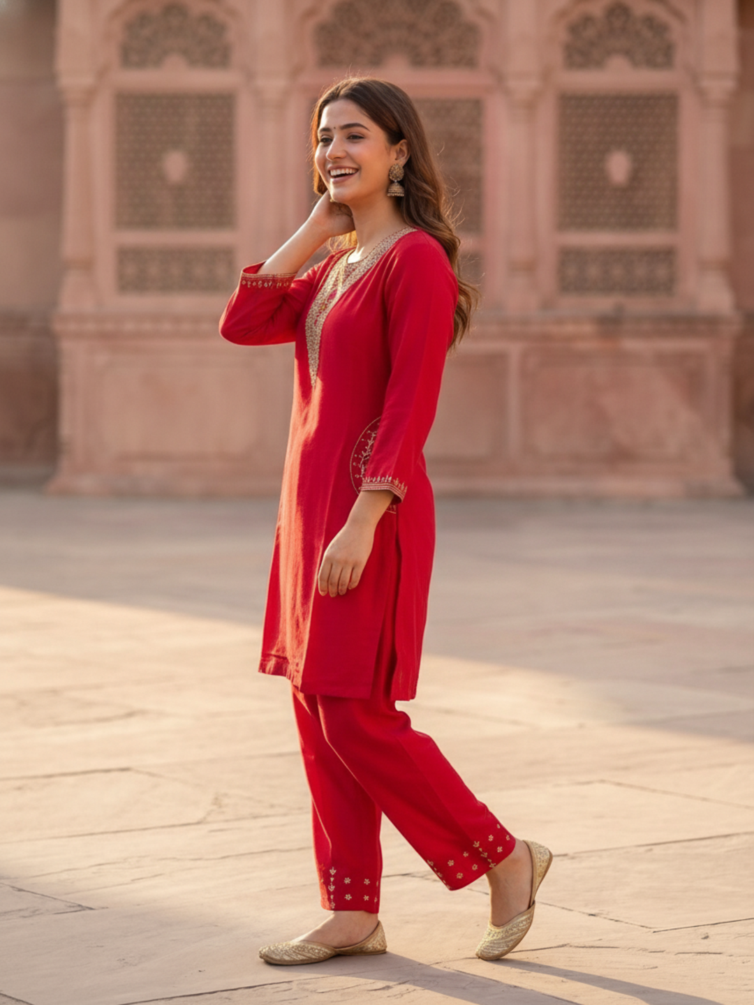 Rani Pink Solid Floral Hand-Embroidered Crepe Straight Kurta Set with Palazzo and Organza Dupatta