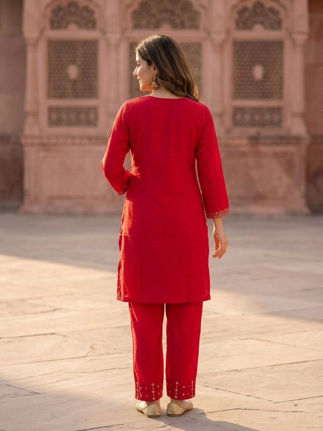 Rani Pink Solid Floral Hand-Embroidered Crepe Straight Kurta Set with Palazzo and Organza Dupatta