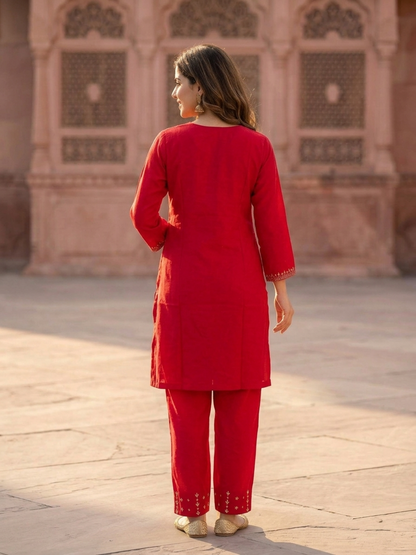 Rani Pink Solid Floral Hand-Embroidered Crepe Straight Kurta Set with Palazzo and Organza Dupatta