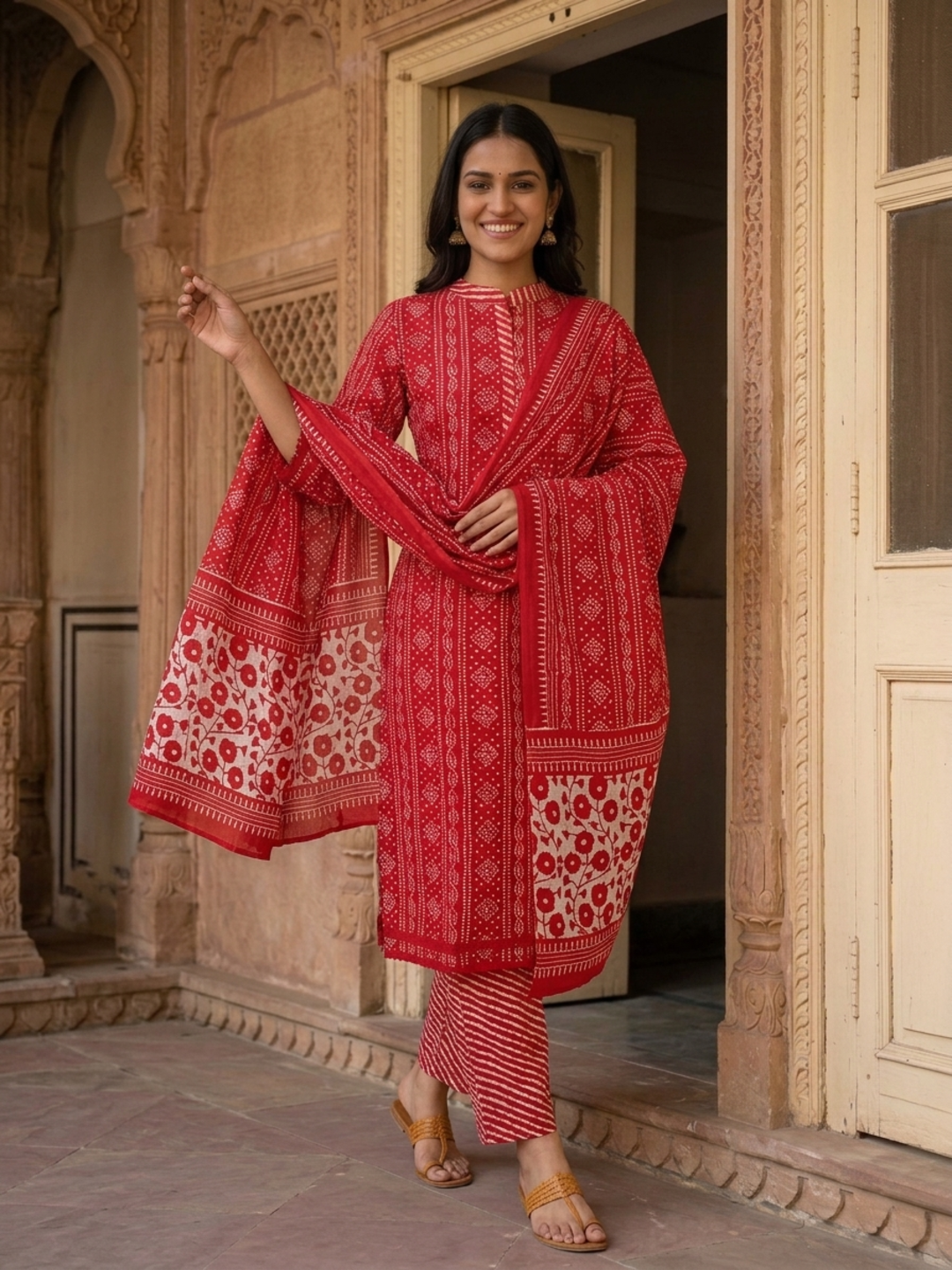 Bandhani Printed Straight Kurta with Pant & Dupatta - Red