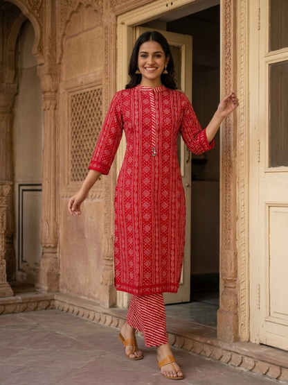 Bandhani Printed Straight Kurta with Pant & Dupatta - Red