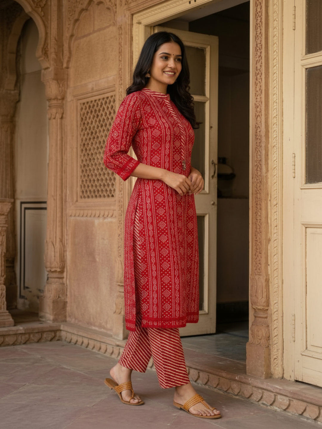 Bandhani Printed Straight Kurta with Pant & Dupatta - Red