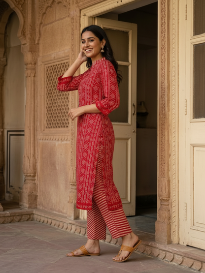 Bandhani Printed Straight Kurta with Pant & Dupatta - Red
