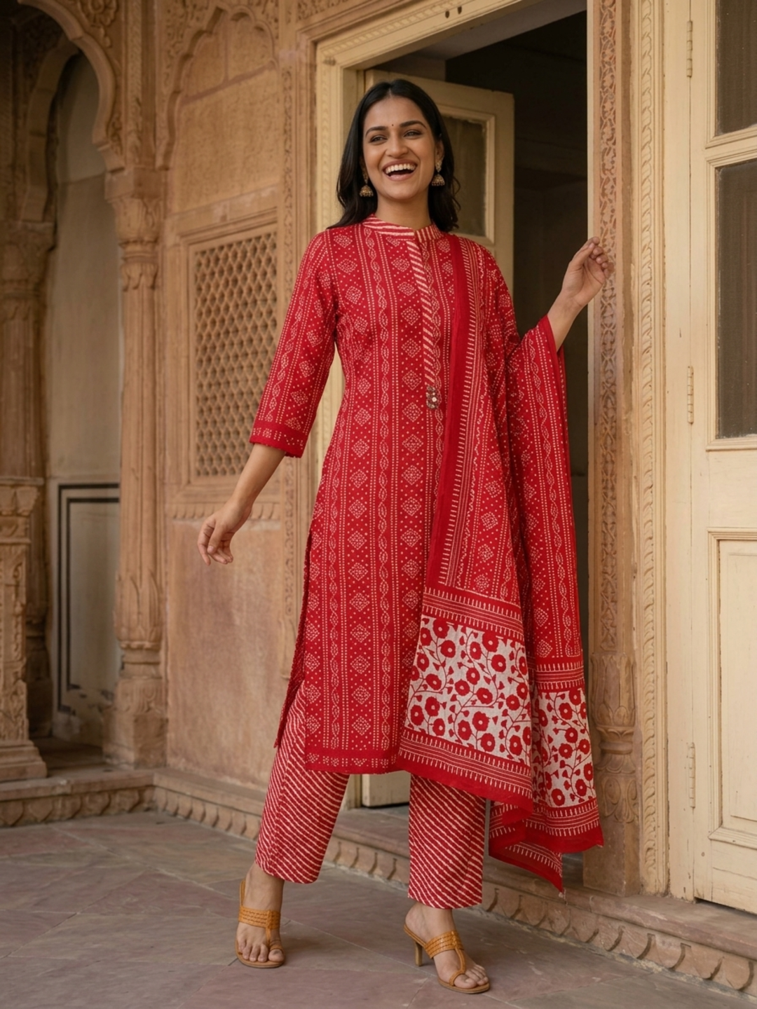 Bandhani Printed Straight Kurta with Pant & Dupatta - Red