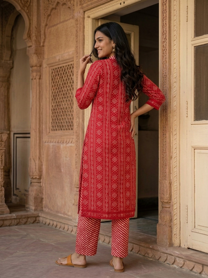 Bandhani Printed Straight Kurta with Pant & Dupatta - Red