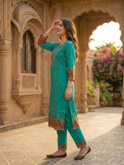 Turquoise Blue Floral Ethnic Printed Embroidered Cotton Straight Kurta Set with Palazzo and Dupatta