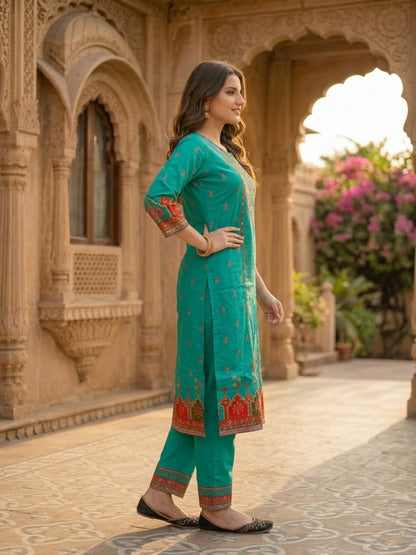 Turquoise Blue Floral Ethnic Printed Embroidered Cotton Straight Kurta Set with Palazzo and Dupatta