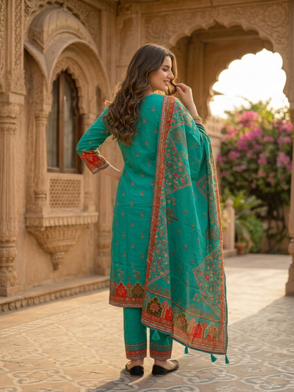 Turquoise Blue Floral Ethnic Printed Embroidered Cotton Straight Kurta Set with Palazzo and Dupatta