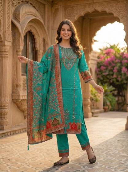 Turquoise Blue Floral Ethnic Printed Embroidered Cotton Straight Kurta Set with Palazzo and Dupatta