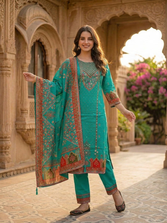 Turquoise Blue Floral Ethnic Printed Embroidered Cotton Straight Kurta Set with Palazzo and Dupatta