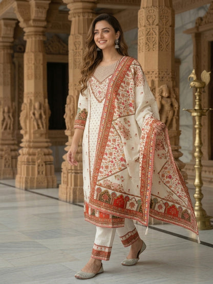 Cream Floral Ethnic Printed Embroidered Cotton Straight Kurta Set with Palazzo and Dupatta