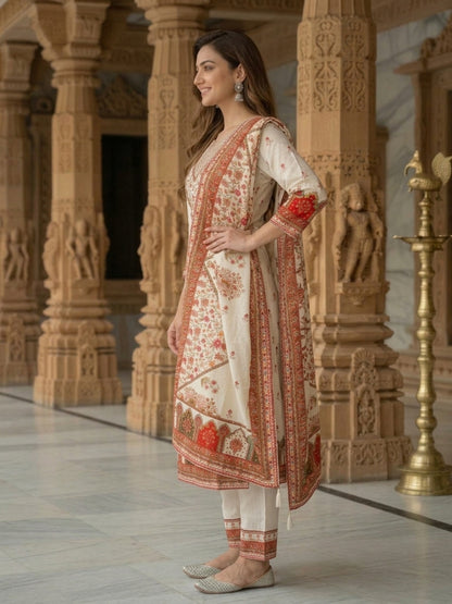 Cream Floral Ethnic Printed Embroidered Cotton Straight Kurta Set with Palazzo and Dupatta