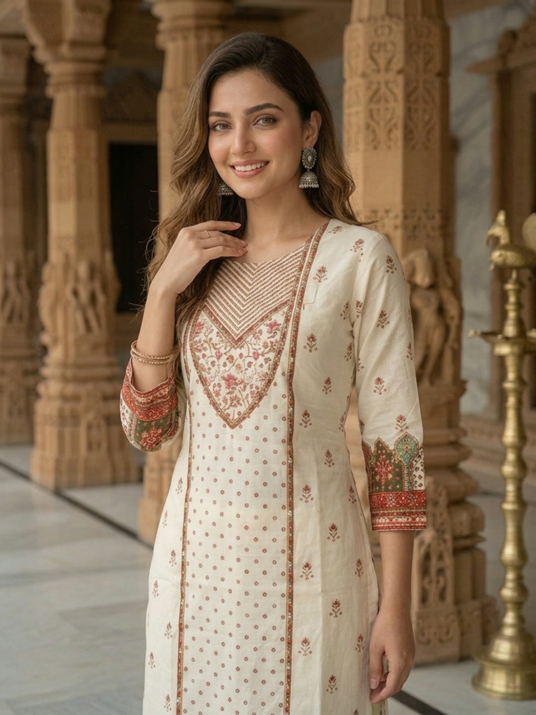 Cream Floral Ethnic Printed Embroidered Cotton Straight Kurta Set with Palazzo and Dupatta