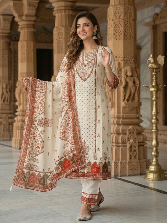 Cream Floral Ethnic Printed Embroidered Cotton Straight Kurta Set with Palazzo and Dupatta