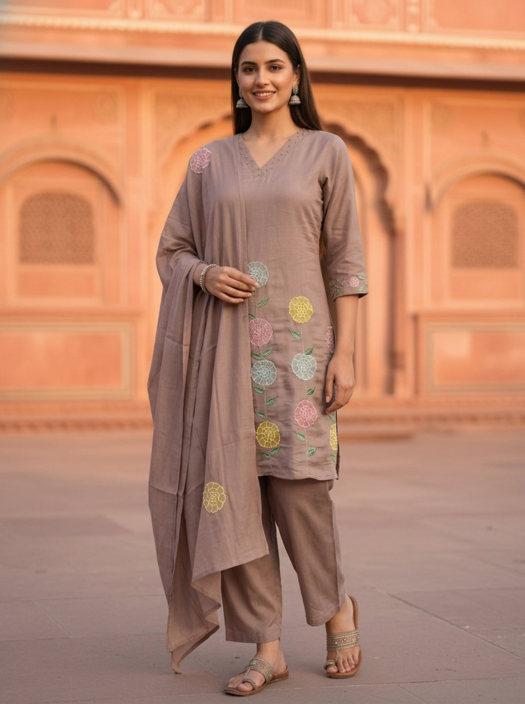 Taupe Solid Floral Patchwork Embroidered Chanderi Silk Straight Kurta Set with Salwar and Dupatta