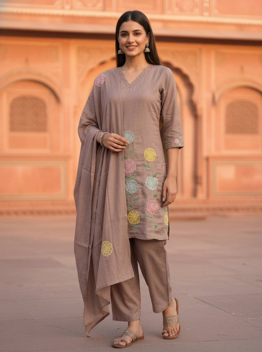 Taupe Solid Floral Patchwork Embroidered Chanderi Silk Straight Kurta Set with Salwar and Dupatta