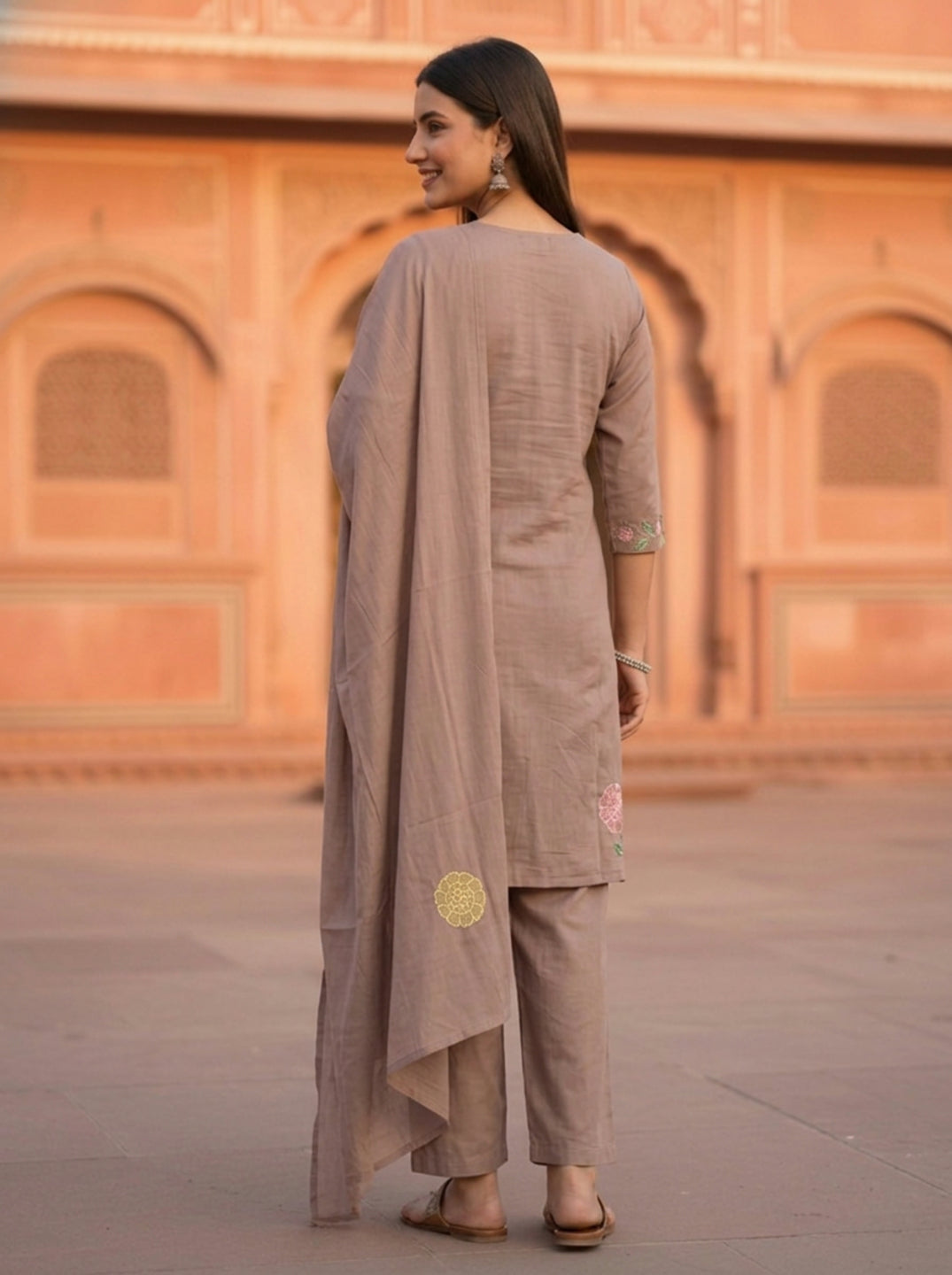 Taupe Solid Floral Patchwork Embroidered Chanderi Silk Straight Kurta Set with Salwar and Dupatta