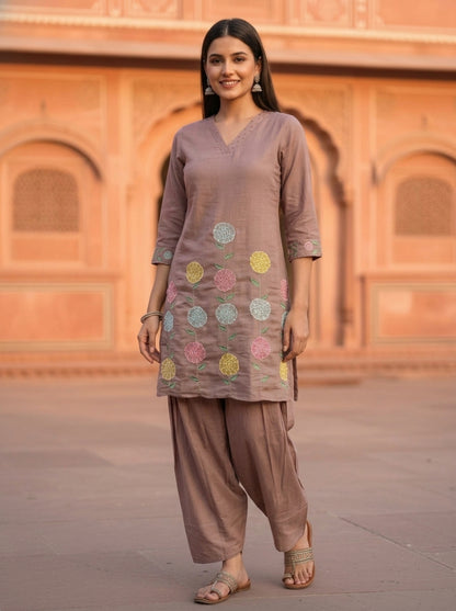 Taupe Solid Floral Patchwork Embroidered Chanderi Silk Straight Kurta Set with Salwar and Dupatta
