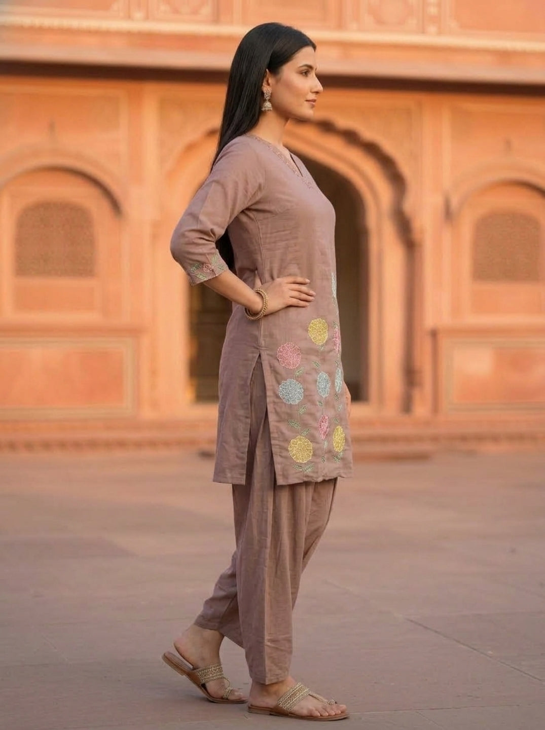 Taupe Solid Floral Patchwork Embroidered Chanderi Silk Straight Kurta Set with Salwar and Dupatta