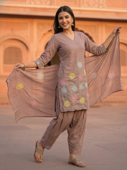 Taupe Solid Floral Patchwork Embroidered Chanderi Silk Straight Kurta Set with Salwar and Dupatta