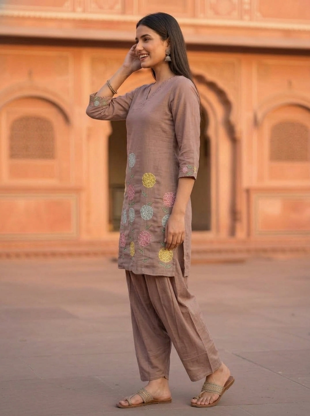 Taupe Solid Floral Patchwork Embroidered Chanderi Silk Straight Kurta Set with Salwar and Dupatta