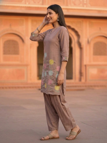 Taupe Solid Floral Patchwork Embroidered Chanderi Silk Straight Kurta Set with Salwar and Dupatta