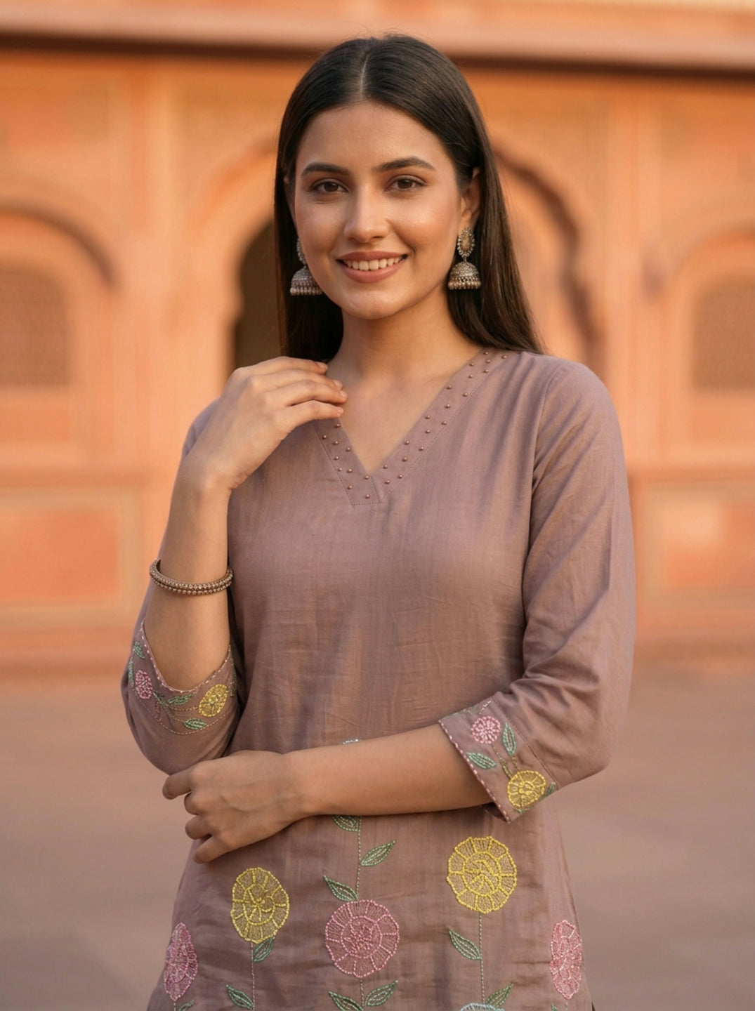 Taupe Solid Floral Patchwork Embroidered Chanderi Silk Straight Kurta Set with Salwar and Dupatta