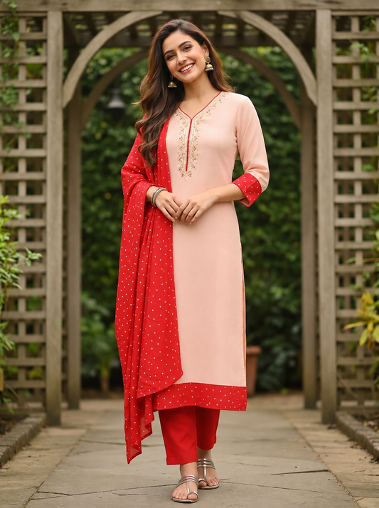 Coral Peach Solid Embroidered Chanderi Silk Anarkali Kurta Set with Palazzo and Bandhani Dupatta