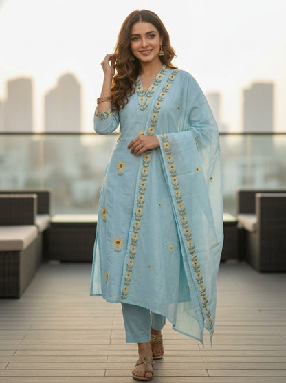Ice Blue Solid Floral Embroidered Chanderi Silk Anarkali Kurta Set with Palazzo and Dupatta
