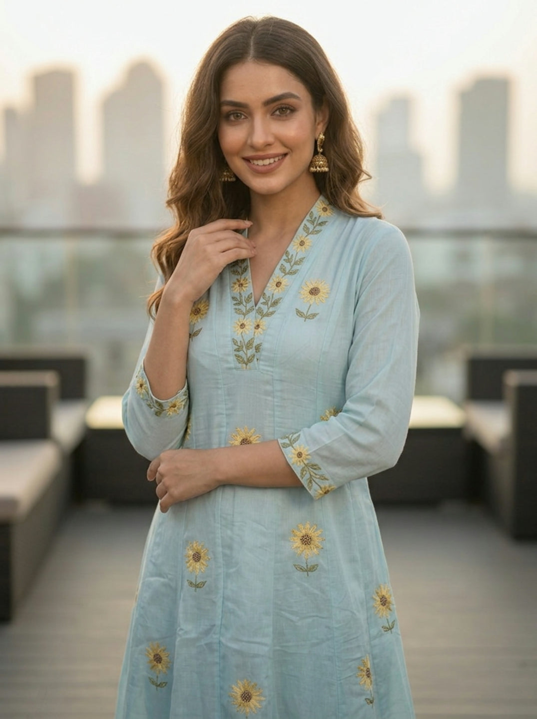 Ice Blue Solid Floral Embroidered Chanderi Silk Anarkali Kurta Set with Palazzo and Dupatta