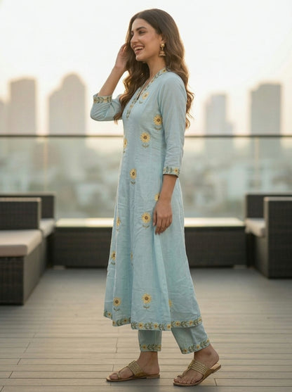 Ice Blue Solid Floral Embroidered Chanderi Silk Anarkali Kurta Set with Palazzo and Dupatta