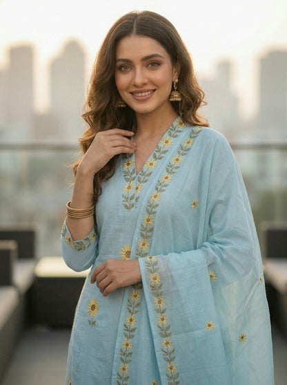 Ice Blue Solid Floral Embroidered Chanderi Silk Anarkali Kurta Set with Palazzo and Dupatta